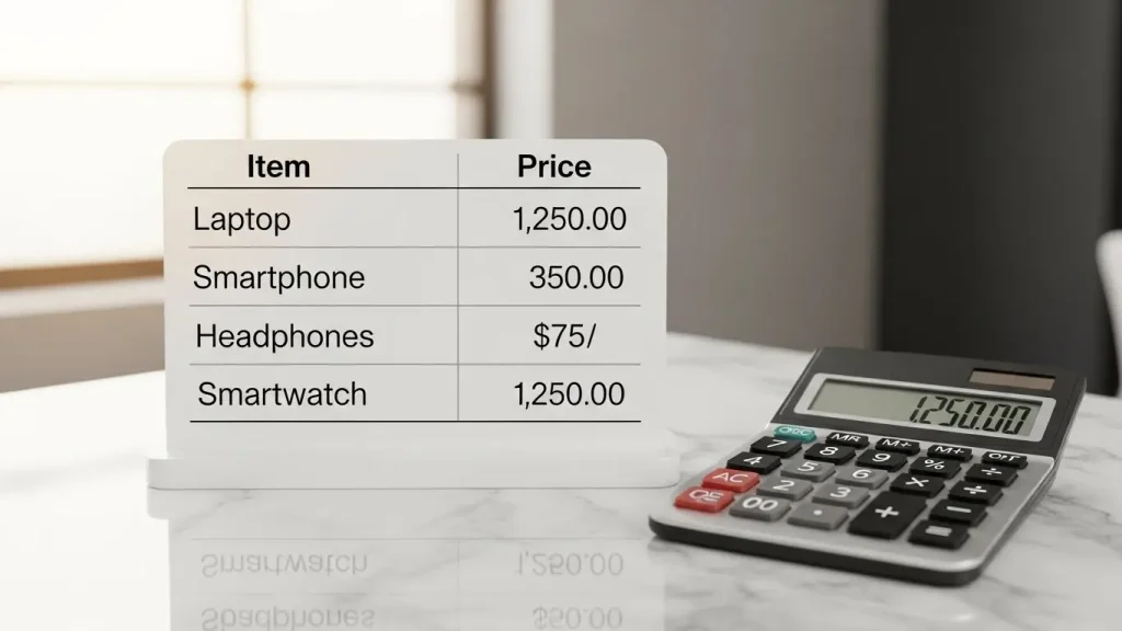 비용 비교 테이블과 계산기가 놓인 깔끔한 실사 이미지