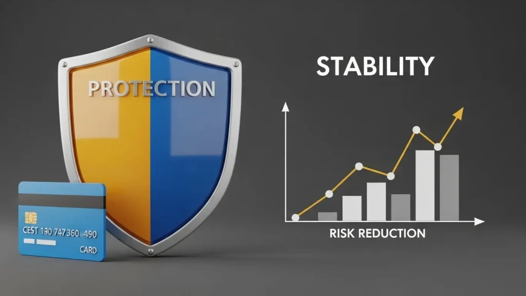 신용카드 보호 방패, 리스크 감소 그래프가 조화된 안정성 이미지 — 텍스트 없음