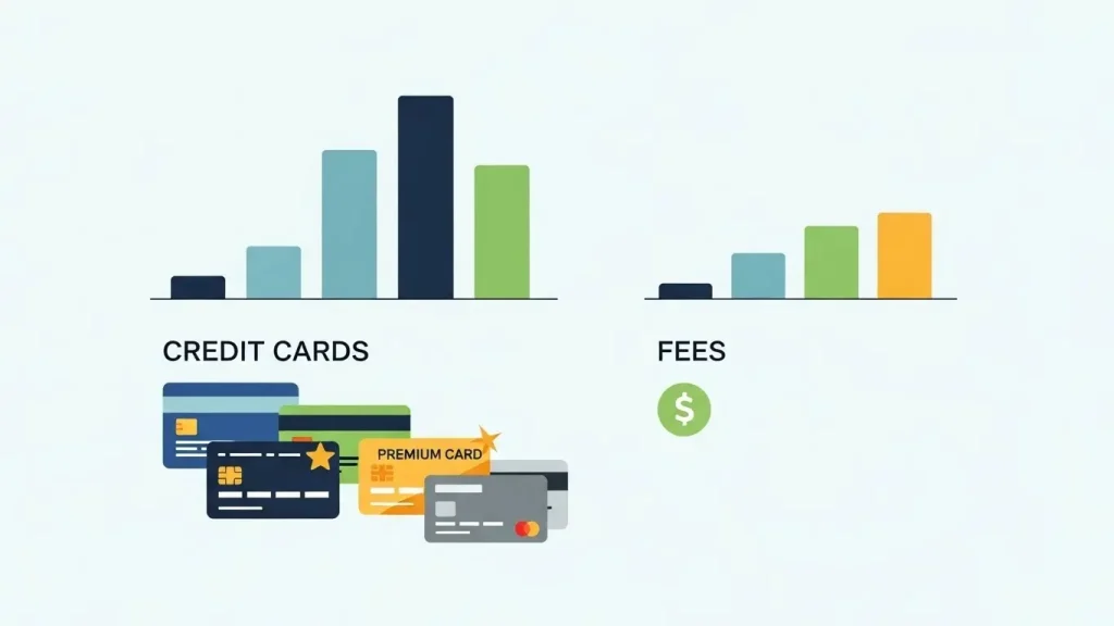 신용카드와 수수료 비교 그래프가 함께 배치된 2D 금융 일러스트